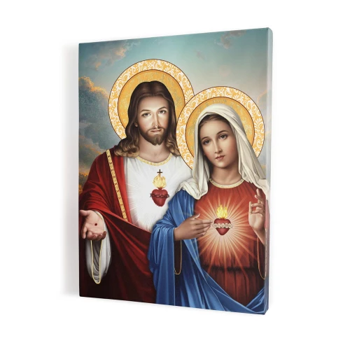 Obraz religijny na płótnie - Serce Jezusa i Serce Maryi na tle nieba - różne formaty