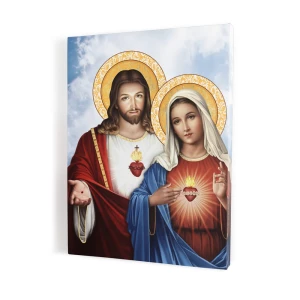 Obraz religijny na płótnie - Serce Jezusa i Serce Maryi na tle błękitnego nieba - różne formaty    