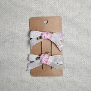 Spinki do Włosów na Chrzest - Kokardy z Kwiatkiem Błyszczące Handmade 2szt