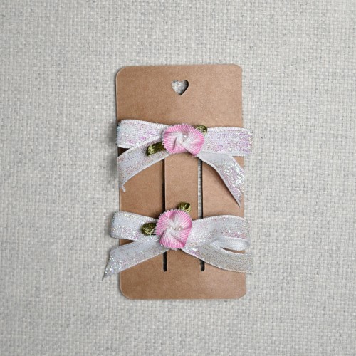 Spinki do Włosów na Chrzest - Kokardy z Kwiatkiem Błyszczące Handmade 2szt