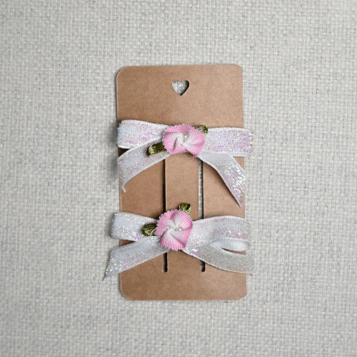 Spinki do Włosów na Chrzest - Kokardy z Kwiatkiem Błyszczące Handmade 2szt