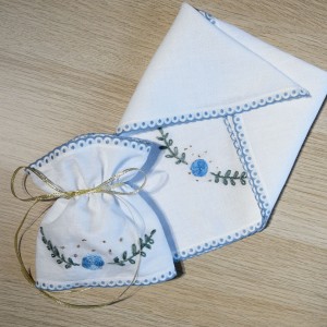 Komplet do Chrztu dla Chłopca - Szatka i Profitka do świecy chrzcielnej - Haft Angielski Niebieski Handmade - unikat