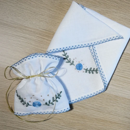 Komplet do Chrztu dla Chłopca - Szatka i Profitka do świecy chrzcielnej - Haft Angielski Niebieski Handmade - unikat