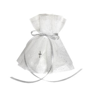 Profitka na Świecę do Chrztu - Okapnik Tiulowy z brokatem z Krzyżykiem - handmade