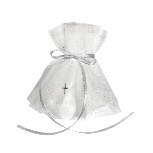 Profitka na Świecę do Chrztu - Okapnik Tiulowy z brokatem z Krzyżykiem - handmade