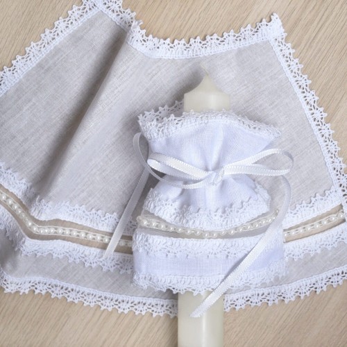 Ekskluzywny Komplet do Chrztu z Perłami - Szatka i Profitka do świecy - Biała Handmade