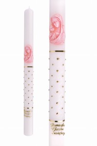 Świeca do chrztu z różową aplikacją - Matka Boża rzeźbiona 