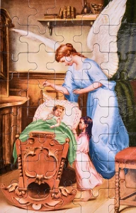Puzzle z Aniołem Stróżem i dziećmi przy kołysce