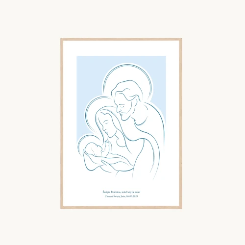 Plakat świętej rodziny, sprawdzi się jako obraz religijny w nowoczesnym salonie. Dostępny w formacie od A5 do A2.