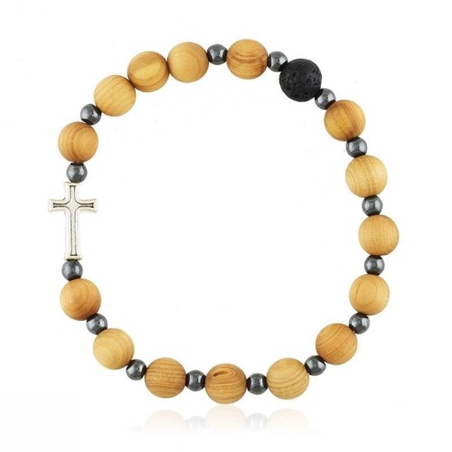 Różaniec na nadgarstek z drewna i hematytu.