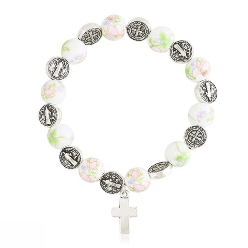 Różaniec na rękę damski - bransoletka św. Benedykta - róża na koralikach