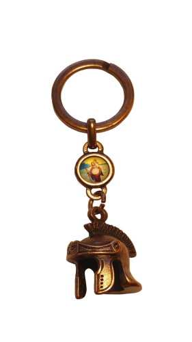 Brelok św. Krzysztofa włoski z metalowym hełmem centuriona rzymskiego.