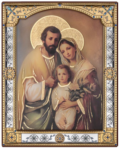 Obrazek Świętej Rodziny w srebrnej ramce złoconej za szybą.