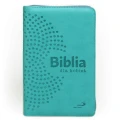Biblia turkusowa w oprawie zapinanej na zamek błyskawiczny. Złocone krawędzie kartek.