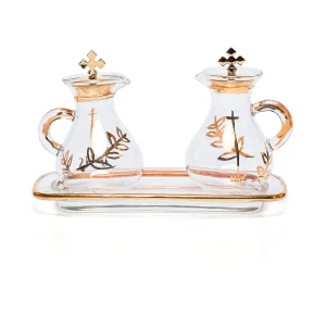 Ampułki liturgiczne szklane, zdobione ornamentem z metalowymi zatyczkami - 100 ml