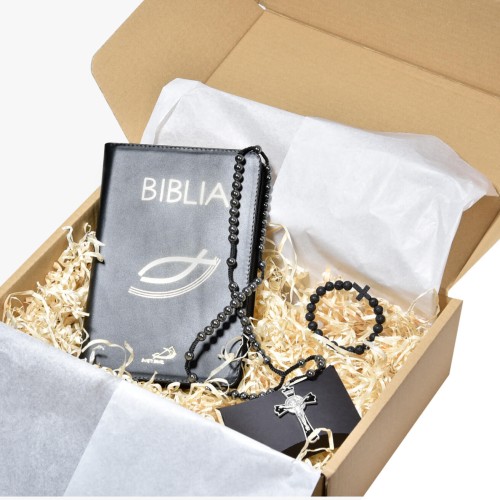 Zestaw prezentowy dla mężczyzny - Biblia + Różaniec św. Benedykta + Bransoletka z lawy wulkanicznej