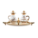Ampułki liturgiczne zdobione na eleganckiej tacy mosiężnej z uchwytami - 100 ml