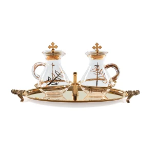 Ampułki liturgiczne zdobione na eleganckiej tacy mosiężnej z uchwytami - 100 ml