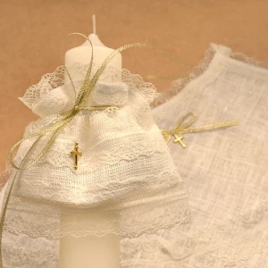 Zestaw do Chrztu Ekskluzywny - Szatka i Profitka do świecy ze Złotym Krzyżykiem Handmade - unikat