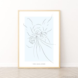 Prezent na chrzest dla chłopca - Obraz w ramie z Aniołem Stróżem, tło niebieskie, format A2 - minimalistyczny 