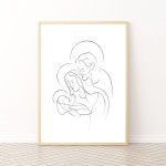 Obraz na pamiątkę chrztu - Święta Rodzina w minimalistycznym stylu - drewniana rama A2, białe tło