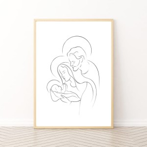 Obraz na pamiątkę chrztu - Święta Rodzina w minimalistycznym stylu - drewniana rama A2, białe tło