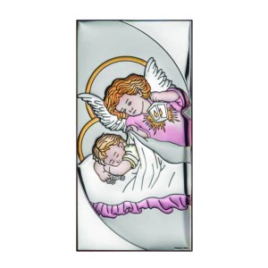 Obrazek srebrny na pamiątkę chrztu dla dziewczynki, kolorowany w formacie 9 x 18 cm