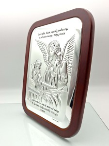 Obrazek srebrny na pamiątkę chrztu z Aniołem czuwającym przy dziecku - 16,5 x 22 cm