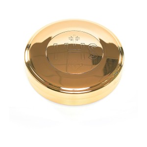 Cyborium metalowe, pozłacane z grawerem IHS - średnica  8 cm  
