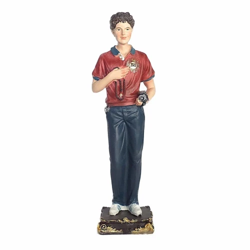 Figurka świętego Carla Acutisa z atrybutami kamery, telefonu i różańca - masa żywiczna - 20 cm. Patron milenialsów.