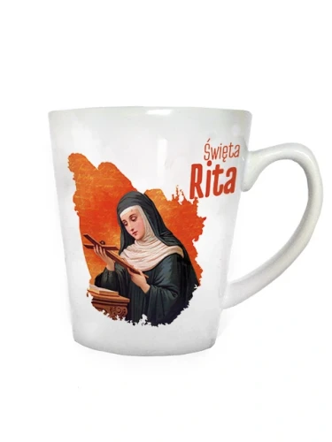 Kubek ceramiczny z nadrukiem św. Rity i cytatem. Pojemność 330 ml.