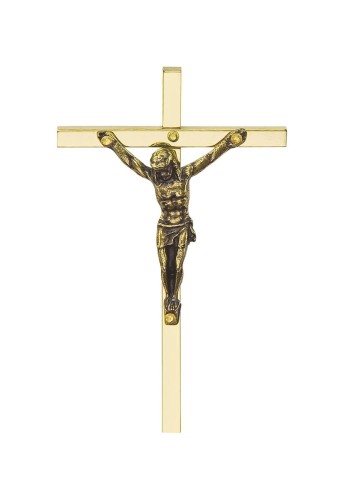 Krzyż do powieszenia na ścianie, lub na drzwiami. Wykonany z mosiądzu - kolor złoty. - Wysokość 7,5 cm