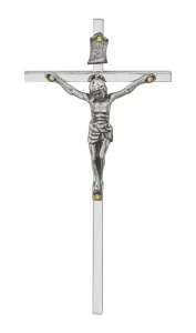 Krzyż srebrny na ścianę - mosiężny, niklowany - 11,5 cm