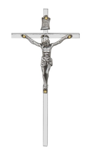 Srebrny krzyż na ścianę - mosiężny, niklowany - wysokość 11,5 cm.