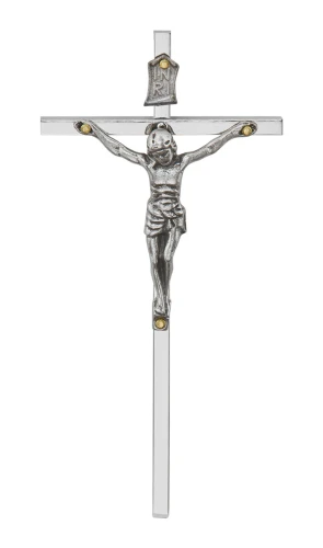 Srebrny krzyż na ścianę - mosiężny, niklowany - wysokość 11,5 cm.