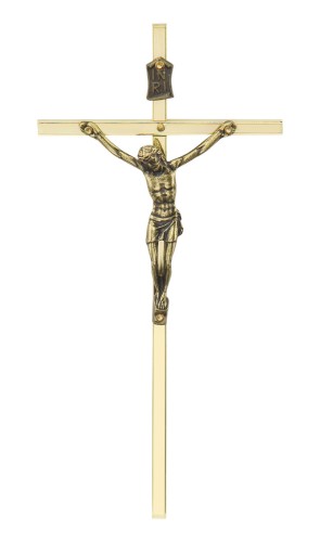 prosty krzyż na ścianę w kolorze złotym - idealnie do mniejszych przestrzeni w domu.