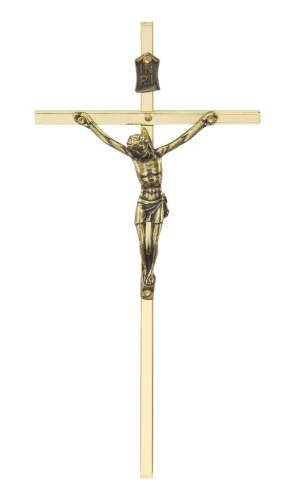 prosty krzyż na ścianę w kolorze złotym - idealnie do mniejszych przestrzeni w domu.