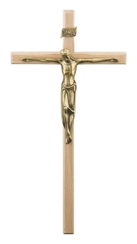 krzyż na ścianę drewniany z jasnego drewna o wysokości 24 cm.