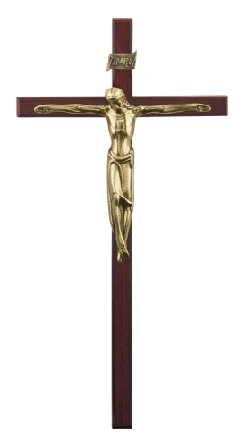 krzyż na ścianę drewniany - odcień orzecha tzn. ciemnego drewna.