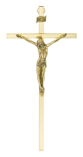 Krzyż na ścianę złoty o wysokości 26 cm, wykonany z mosiądzu.