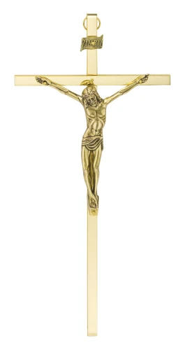 Krzyż na ścianę złoty o wysokości 26 cm, wykonany z mosiądzu.
