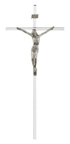 srebrny krzyż na ścianę z powłoką galwanizowaną o wysokości 31 cm.