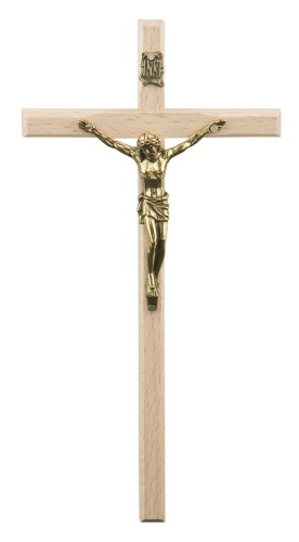 Krzyż drewniany do domu na ścianę z jasnego drzewa bukowego o wysokości 19,5 cm.