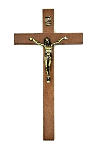 Krzyż drewniany na ścianę w odcieniu wiśni z poszerzonymi krawędziami.