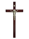 Duży drewniany krzyż na ścianę św. Benedykta - Odcień wiśni - 42 cm