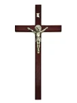 Duży drewniany krzyż na ścianę św. Benedykta - Odcień wiśni - 42 cm