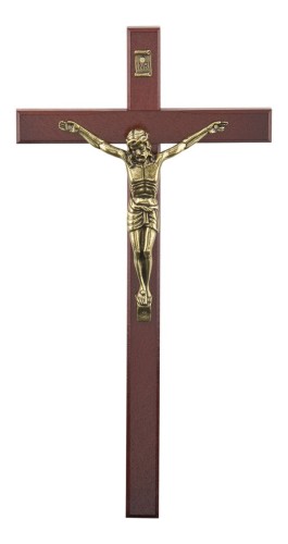 Krzyż drewniany na ścianę w odcieniu orzech i wysokości 27 cm.