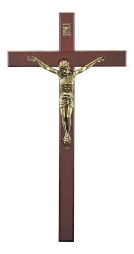 Krzyż drewniany na ścianę w odcieniu orzech i wysokości 27 cm.