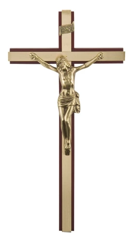 Duży krzyż drewniany na ścianę w odcieniu orzech - wysokość 35 cm