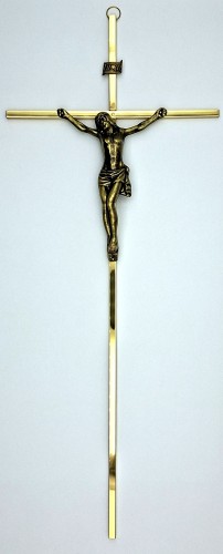 Duży krzyż na ścianę złoty mosiężny o wysokości 44 cm.
